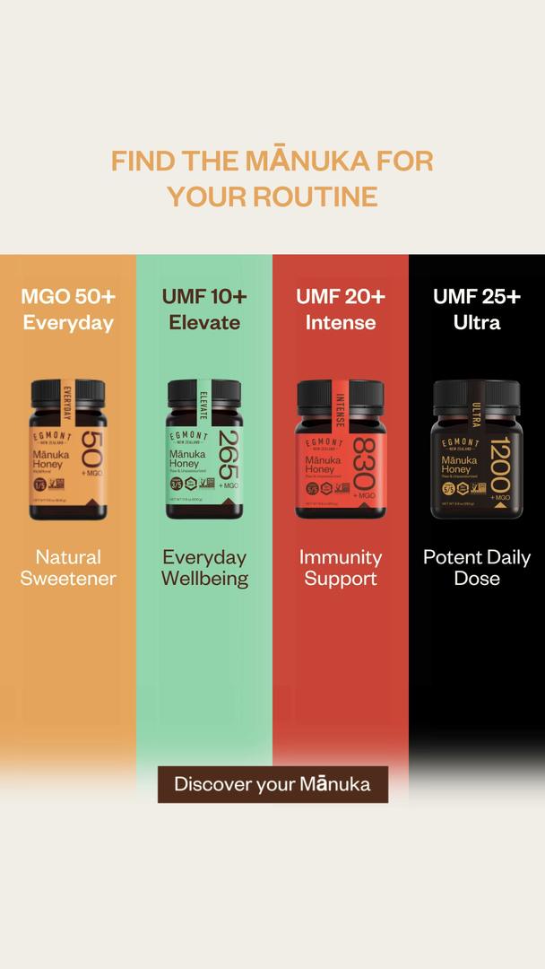 Egmont Honey ad: “Find the Mānuka for your routine.” The grades as a menu.