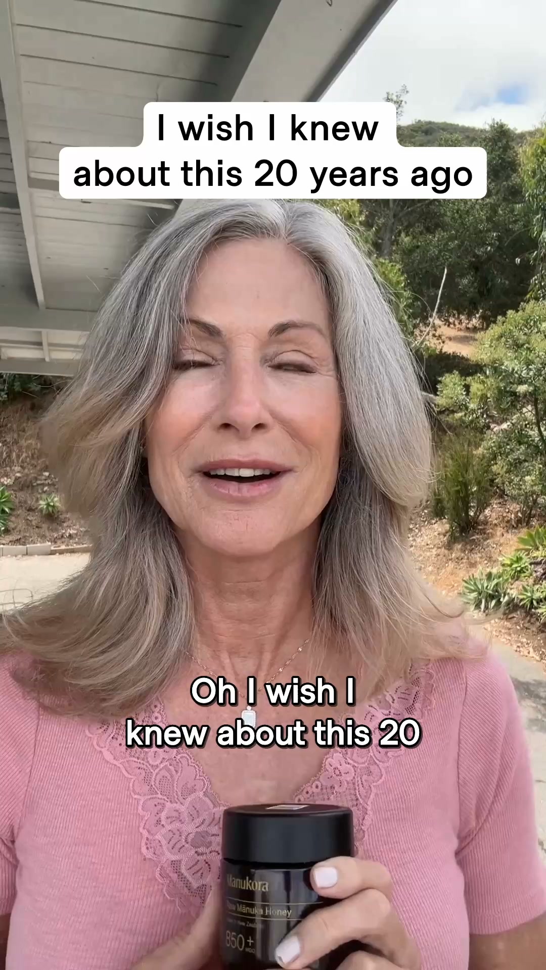 Manukora ad: A woman to camera, jar in hand: “I wish I knew about this 20 years ago.”