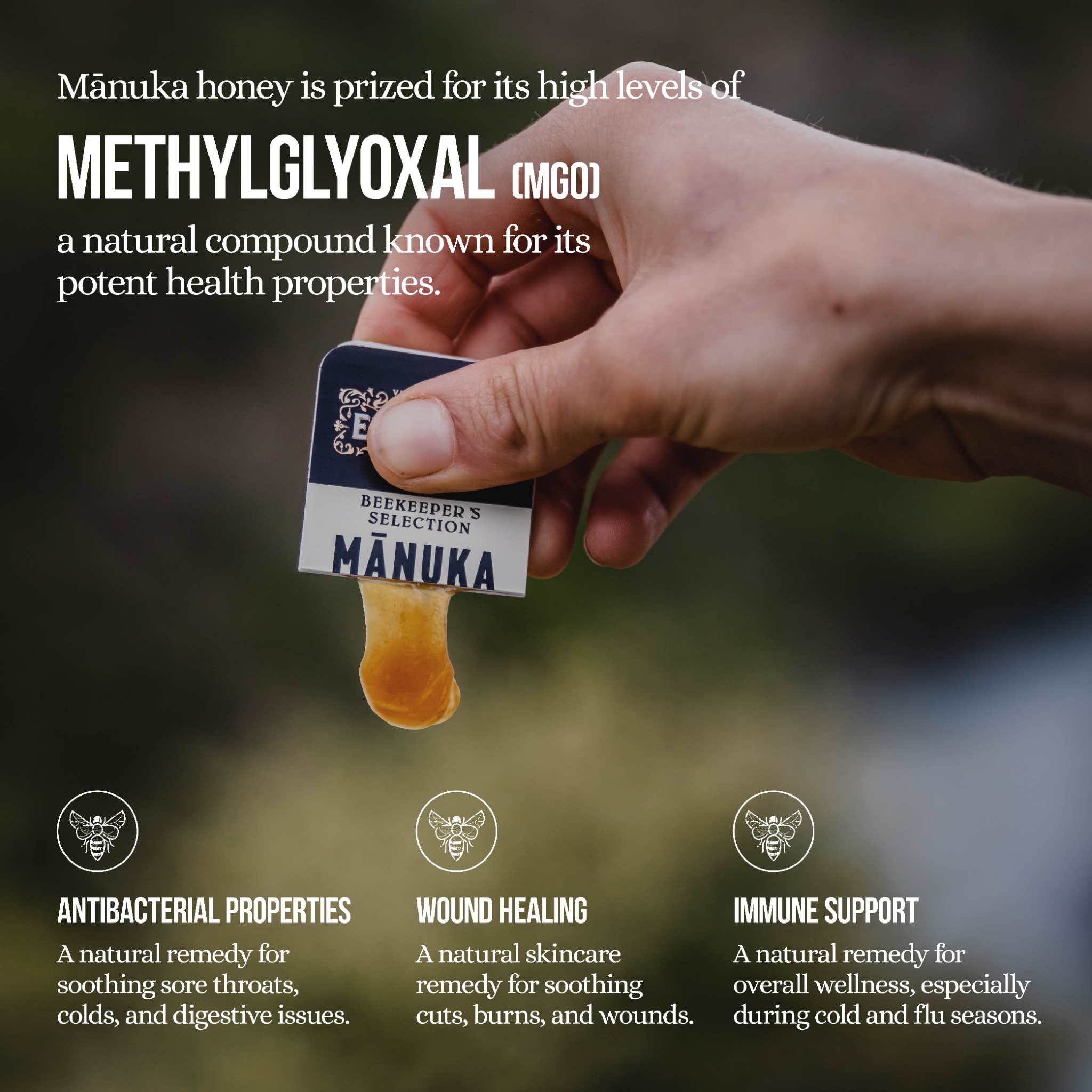 What it does: MGO ad: Methylglyoxal, over three health panels.