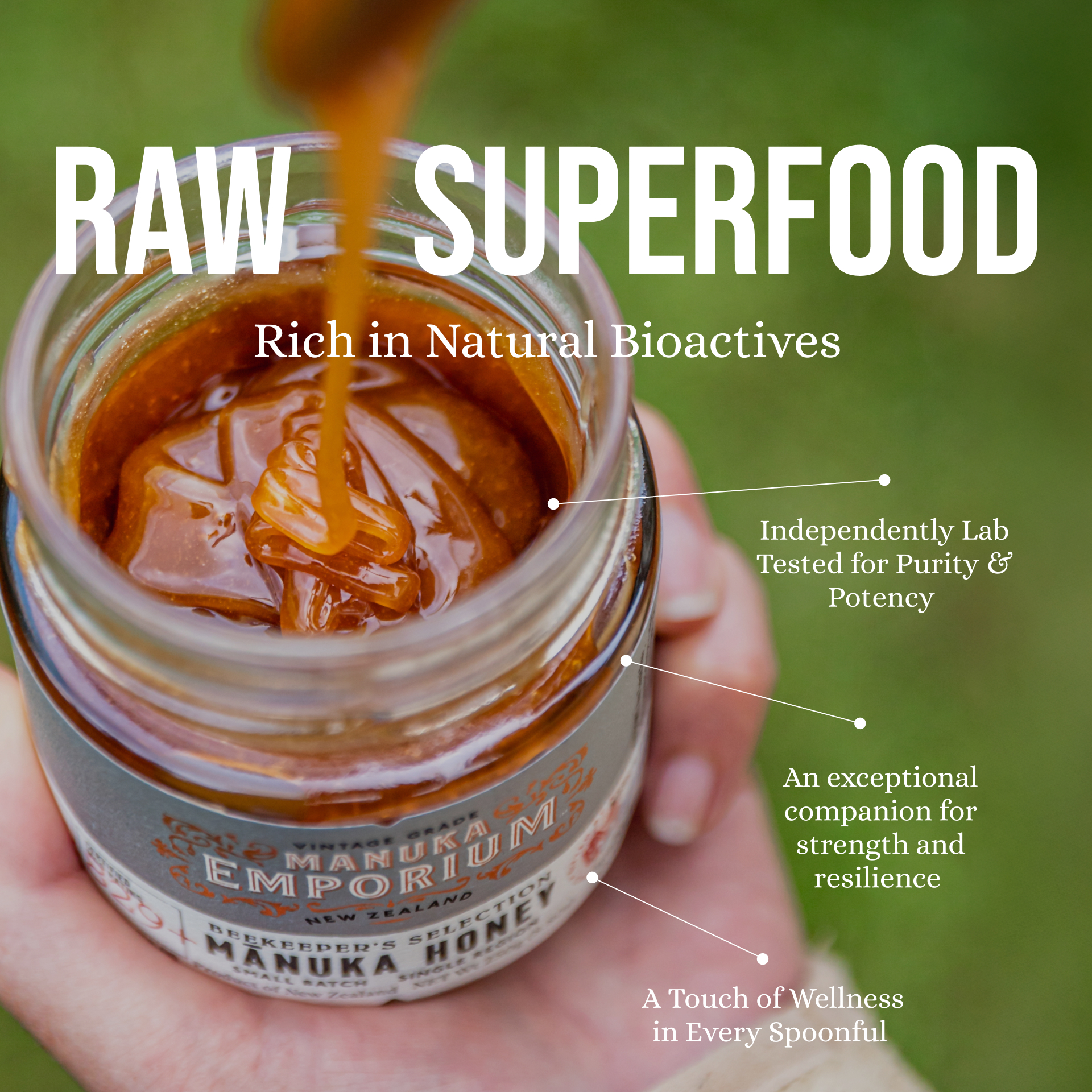 What it is: raw, lab tested ad: “Raw Superfood”, lab tested, the jar in a hand.