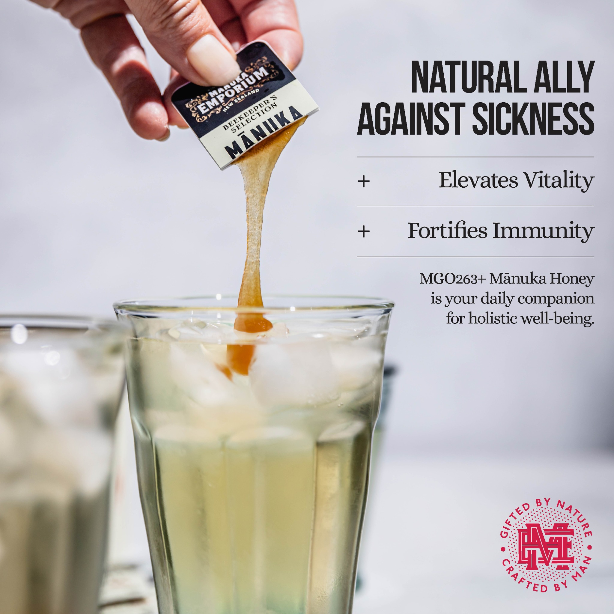 What it does, shown in use ad: A snap squeezed into an iced drink, the one picture with the honey being used.