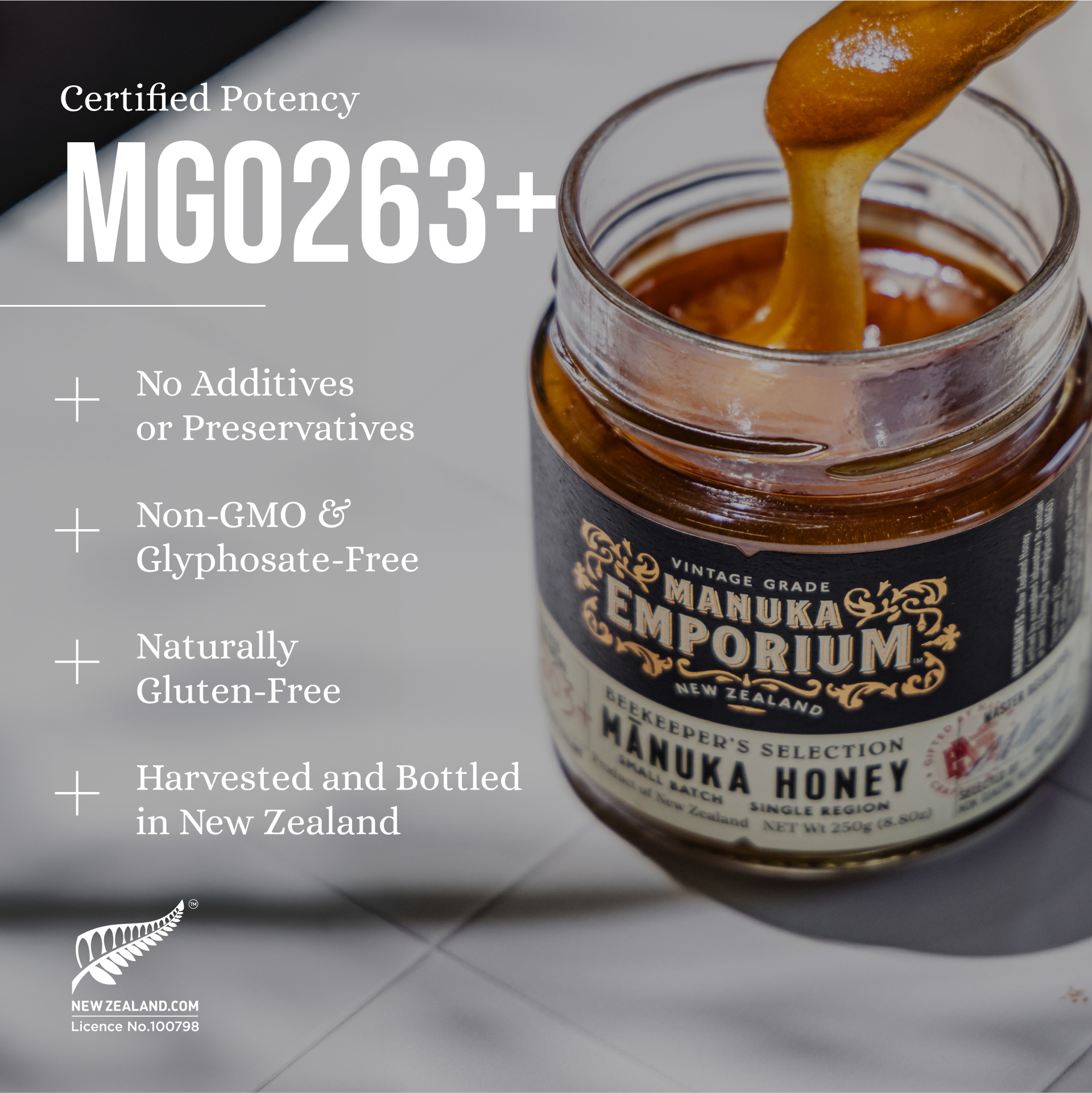 What it is: the grade ad: “Certified Potency MGO263+”, and what isn't in the jar.